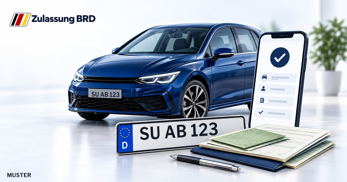 Online Fahrzeugzulassung in Windeck: Musterkennzeichen SU AB 123, Auto und Fahrzeugpapiere und Smartphone. Illustration mit Logo von Zulassung BRD.